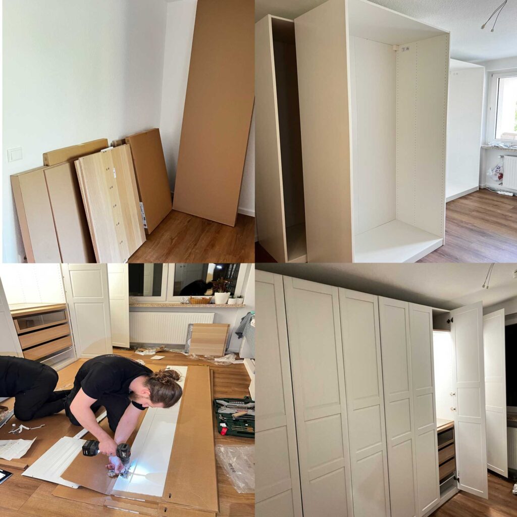 Person montiert weißen Kleiderschrank; fokussiert; Holzboden; Türen und Werkzeuge auf dem Boden.