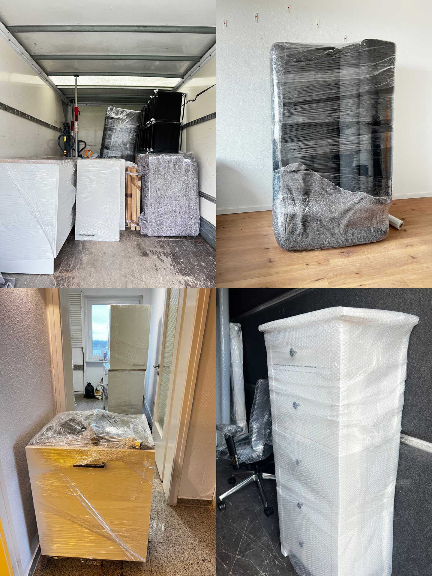 Verschiedene Möbelstücke in Plastikfolie verpackt, in Lager- und Wohnraumszenen, kein erkennbares Gesicht.