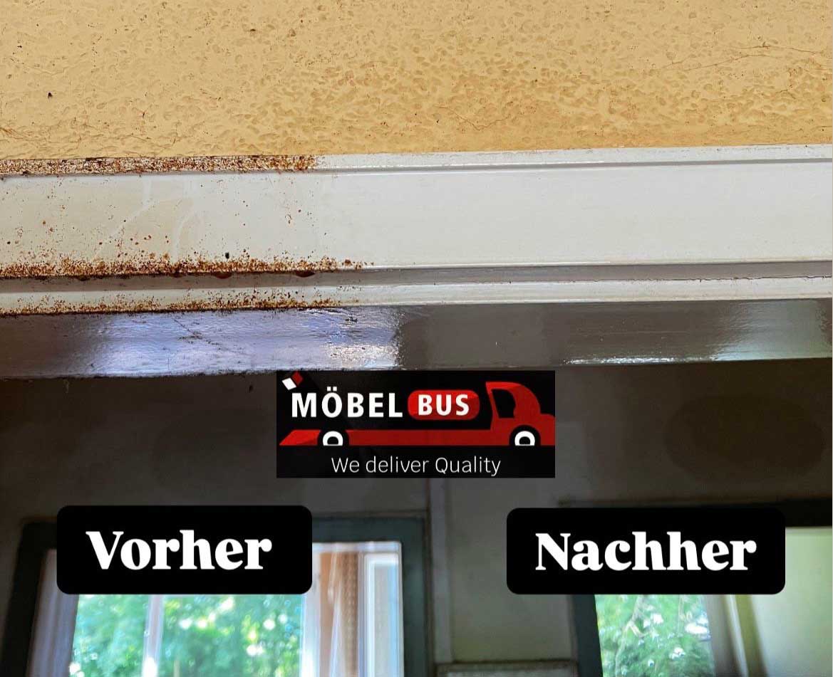 Eine Metalloberfläche mit Rost und danach sauber gereinigt; "Vorher" und "Nachher" angezeigt.