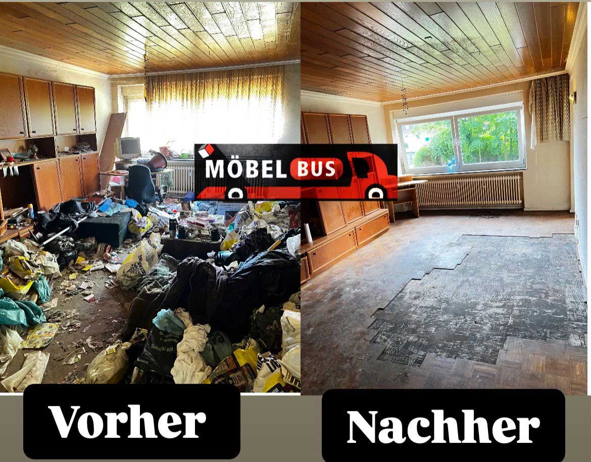 Vorher Nachher Raum mit chaotischem Müllhaufen links und aufgeräumtem Boden rechts.
