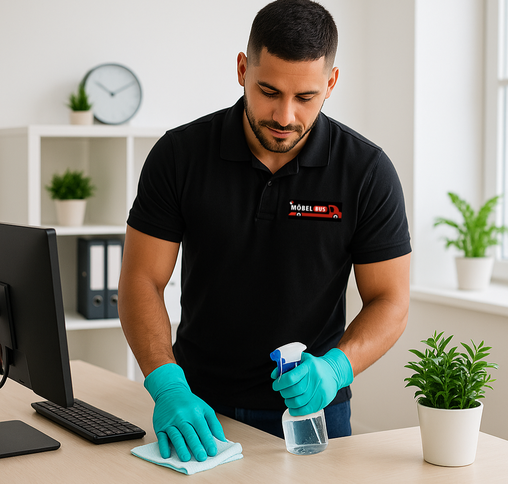 Ein Mann im schwarzen Polo mit Logo reinigt einen Schreibtisch mit Handschuhen und Sprayflasche.