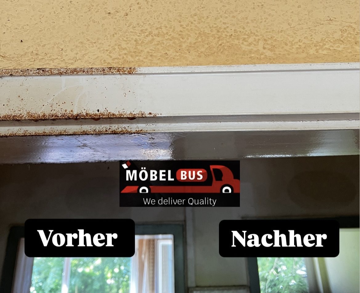 Vergleich eines rostigen Fensters vor und nach der Reinigung mit Beschriftungen