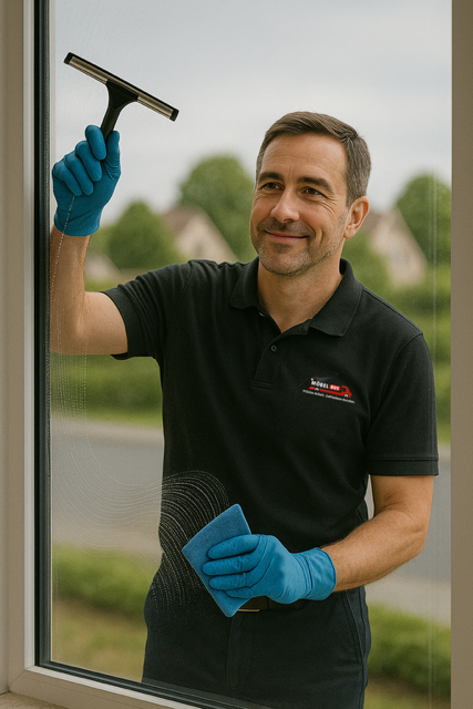 Mann in schwarzem Hemd und blauen Handschuhen reinigt lächelnd ein Fenster