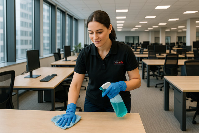 Eine Frau mit einem freundlichen Ausdruck reinigt einen Schreibtisch in einem modernen Büro mit blauen Handschuhen und einem Reinigungsspray.